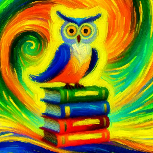 Vibrante uil op kleurrijke boeken - een symbool van wijsheid en kennis Abstracte afbeelding van een uil die op een stapel kleurrijke boeken zit, met grote ogen en een speelse uitdrukking, symboliserend wijsheid en kennis.