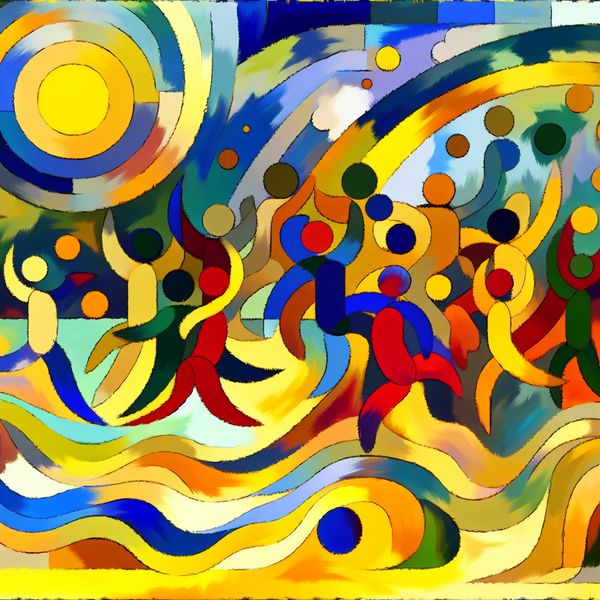 Vibrante vakantietherinnering in abstracte stijl Abstracte illustratie van een levendige vakantiet herinnering met kleurrijke vormen en een zon