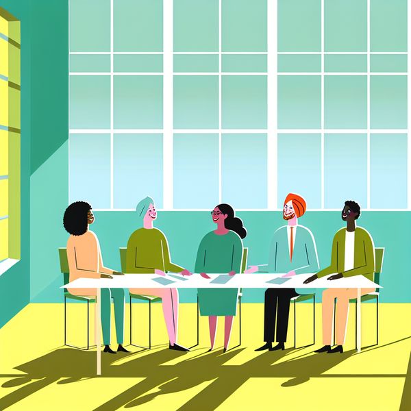 Minimalistische illustratie van een diverse groep mensen die enthousiast discussiëren in een heldere vergaderruimte met grote ramen.