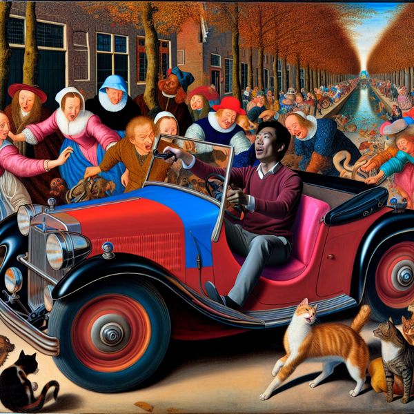 Persoon in kleurrijke, vintage auto die met enthousiasme de ontstekingssleutel draait.