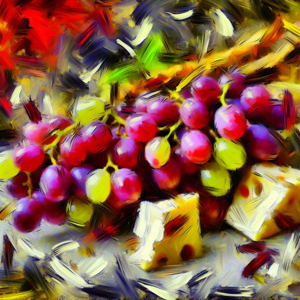 Vibrerende Druiven en Kaas in Abstracte Kunst Abstracte expressieve afbeelding van kleurige druiven in trossen, omringd door kaas, weergegeven met energieke penseelstreken.