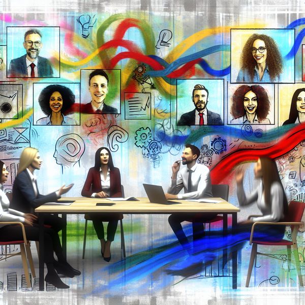 Dynamische videovergadering in een modern kantoor Dynamisch kantoor met een diverse groep mensen die deelnemen aan een videovergadering, met kleurrijke abstracte achtergronden die ideeën en brainstormprocessen symboliseren.