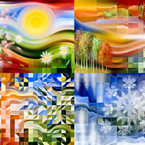 Surrealistische vier seizoenen in visuele kunst Surrealistische weergave van de vier seizoenen met kleurrijke bloemen, zon en groen, vallende bladeren en sneeuw.