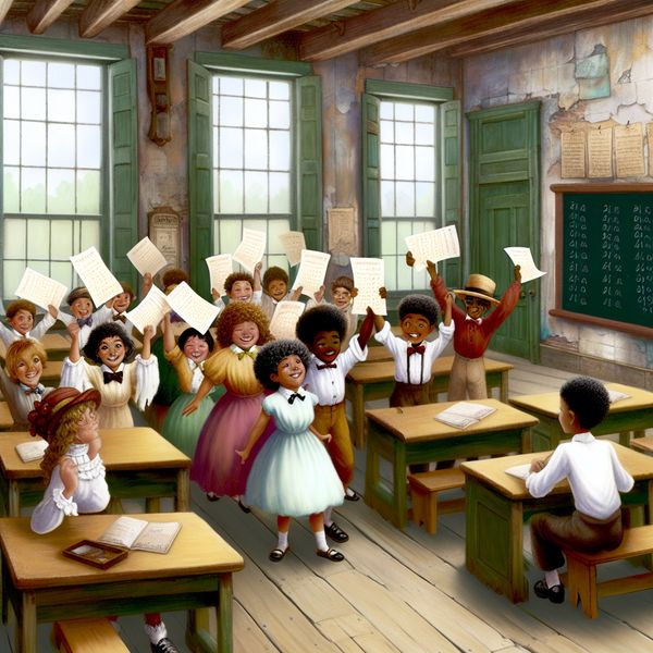 Antieke klaslokaalscene met kinderen die testresultaten vieren