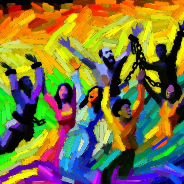 Abstract schilderij van een diverse groep mensen die hun onafhankelijkheid vieren, met armen in de lucht tegen een kleurrijke achtergrond.