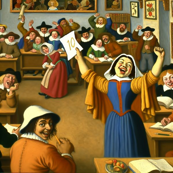 Viering van een perfecte score in de klas Een levendige klaslokaalscène met studenten die een klasgenoot vieren die een perfecte score van 10 heeft behaald.