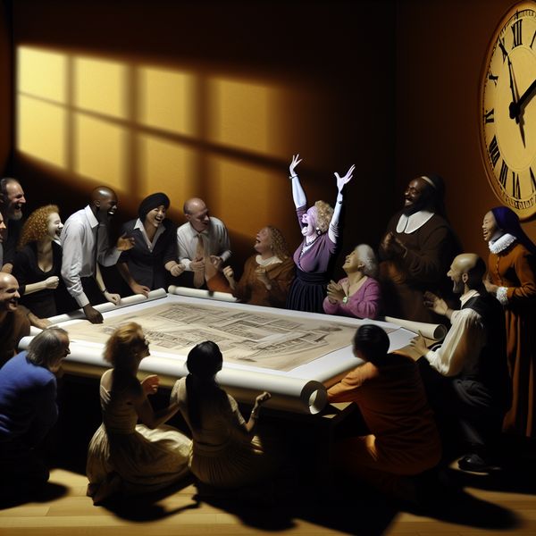 Groep diverse mensen viert met vreugde de voltooiing van een project in een sfeervol verlichte kamer, met een vrouw die enthousiast haar handen omhoog steekt.