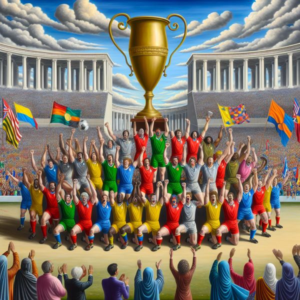 Viering van een belangrijke overwinning door een sportteam Een sportteam viert een belangrijke overwinning op een stadionveld, met een grote trofee in het midden en fans die juichen.