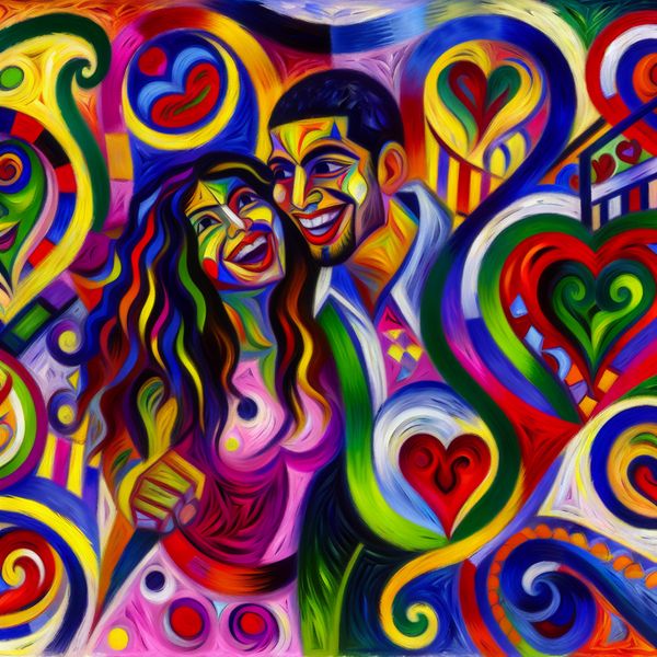 Een jonge man en vrouw vieren hun liefde met een glimlach in een kleurrijk en abstracte scène.