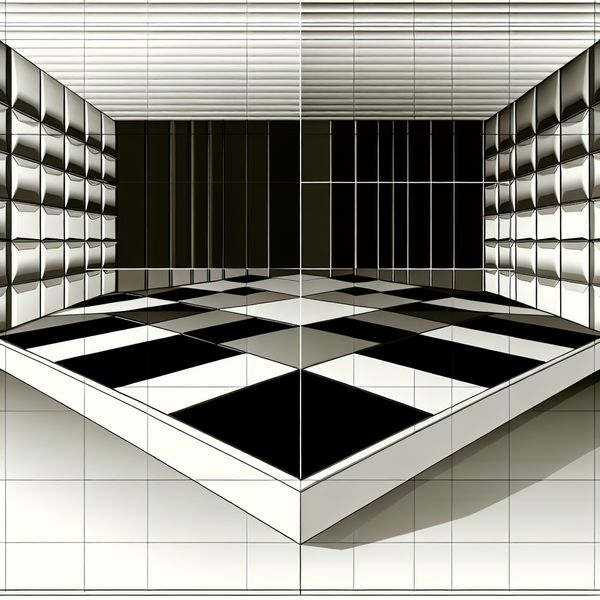 Vierkant vorm illustratie - geometrische patronen voor taalonderwijs Illustratie van een geometrisch vierkant patroon op een vlakke vloer met zwart-witte vlakken, ter verduidelijking van de vorm 'vierkant'