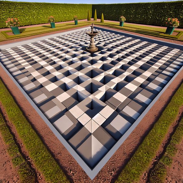 Vierkante tuin met geometrische patronen en optische illusies voor vormbeschrijving Surrealistisch vierkant tuinontwerp in de stijl van M.C. Escher met geometrische precisie en optische illusies