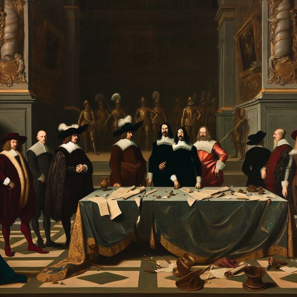 Klassieke schilderij van een gespannen diplomatieke bijeenkomst die vijandschap tussen naties symboliseert, met gebroken verdragen en dreigende schaduwen op de achtergrond