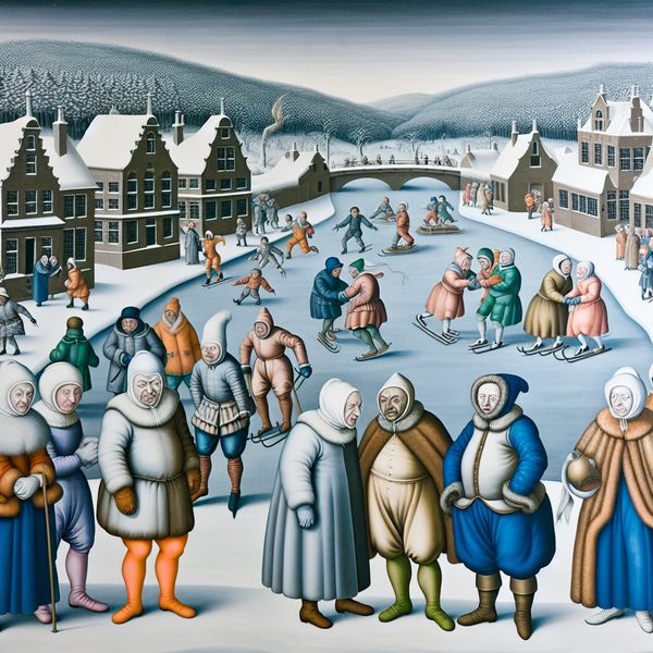 Twee vijandige groepen confronteren elkaar op een bevroren kanaal in een winterse scène geïnspireerd op Hendrick Avercamp, met intense haat en vijandschap tussen de figuren