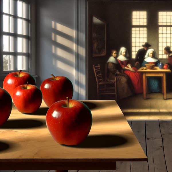 Een serene interieur met vijf rode appels op een houten tafel en vijf personen die in gesprek zijn.