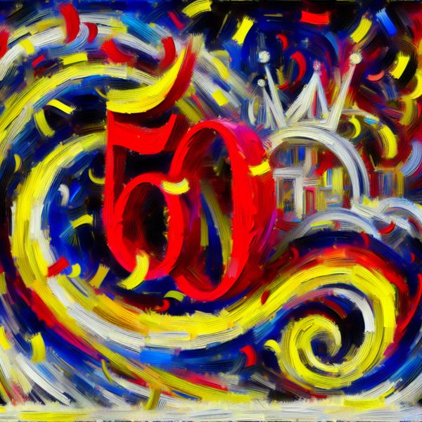 Vijftigjarig jubileum viering - abstracte kunst met confetti en symboliek Abstract expressionistisch kunstwerk met het getal 50, confetti en symbolen van een jubileum, geïnspireerd op Willem de Kooning