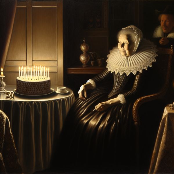 Schilderij van een elegante oudere vrouw die haar vijftigste verjaardag viert met een taart met vijftig kaarsen in een sfeervolle kamer