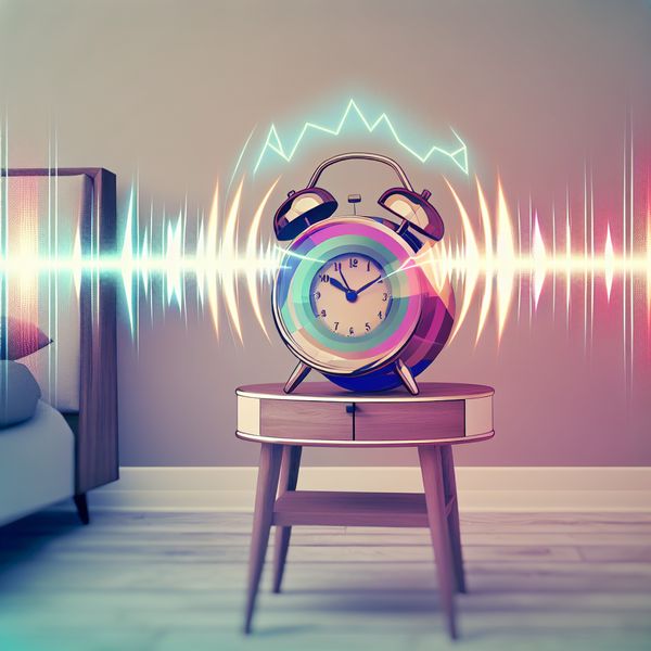 Vintage alarm klok met geluidsgolven in retro-futuristische stijl Retro-futuristisch klok met digitale weergave op een nachttafeltje, omringd door kleurrijke geluidsgolven en een sfeervolle kamer.