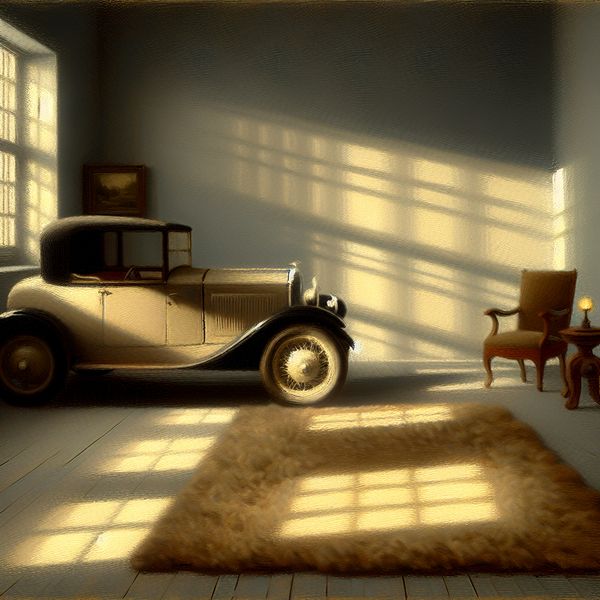 Vintage auto in serene kamer voor taal leren Een vintage auto in een serene kamer met diffuus licht, omringd door gezellig meubilair