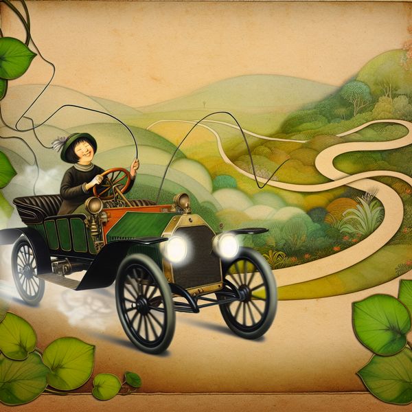 Vintagescene met auto en versnellingsschakeling Vintage auto rijdt op schilderachtige weg met vrolijke bestuurder die schakelt