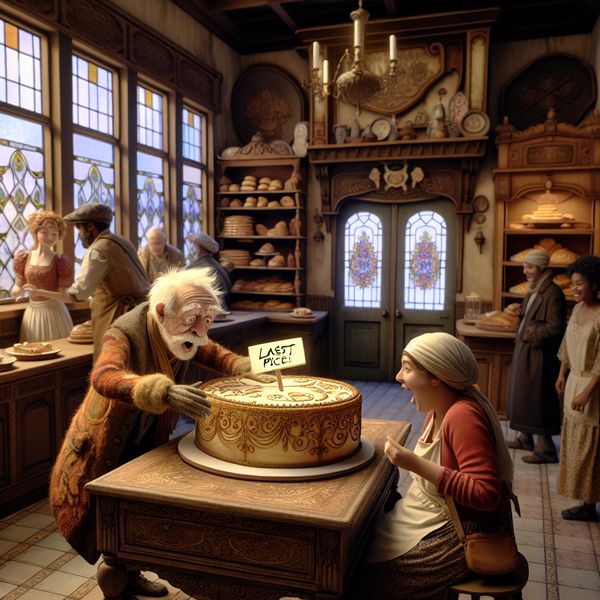 Sfeervolle vintage bakkerij met een verrassing Een verraste oudere man ontvangt het laatste stuk taart van een blije jonge vrouw in een vintage bakkerij.