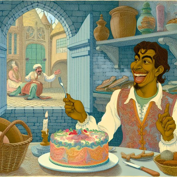 Charmante vintage bakkerij met enthousiaste klant Een vrolijke persoon in een vintage bakkerij die enthousiast wijst naar een mooi versierde taart.