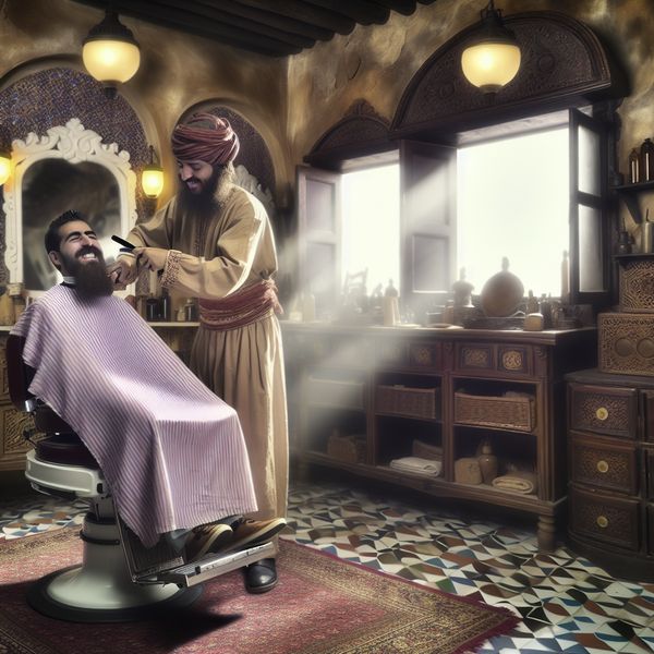 Vintage Barbershop Scene met Traditionele Barbier Een vintage barbershop met een traditionele barbier die voorzichtig een baard trimt met een straight razor, terwijl een glimlachende man in een antieke stoel zit.