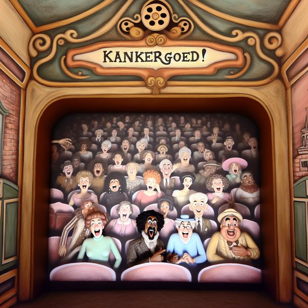 Vintage Bioscoop Met Verwennerij: Een Magische Filmervaring Een vintage bioscoop met een diverse menigte die gefascineerd naar een film kijkt, met een groot bord boven het scherm dat 'Kankergoed!' zegt.