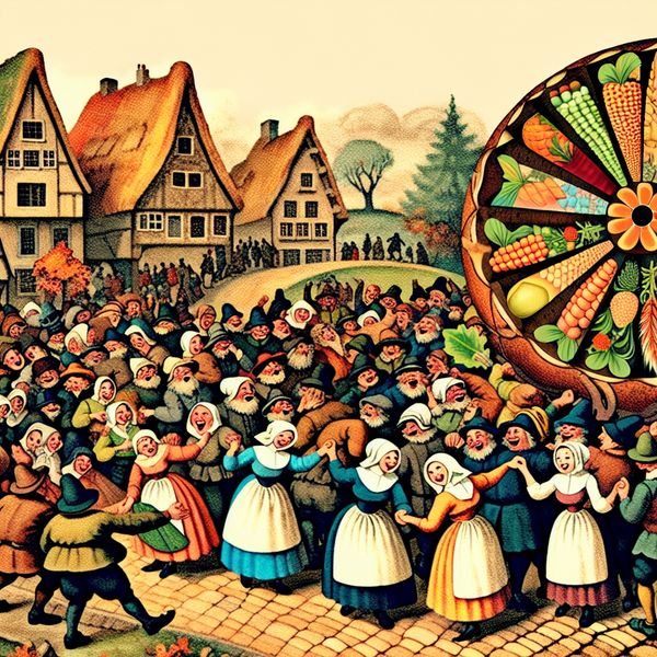 Vintage-stijl illustratie van een dorpsloterij met mensen rond een kleurrijk loterijwiel