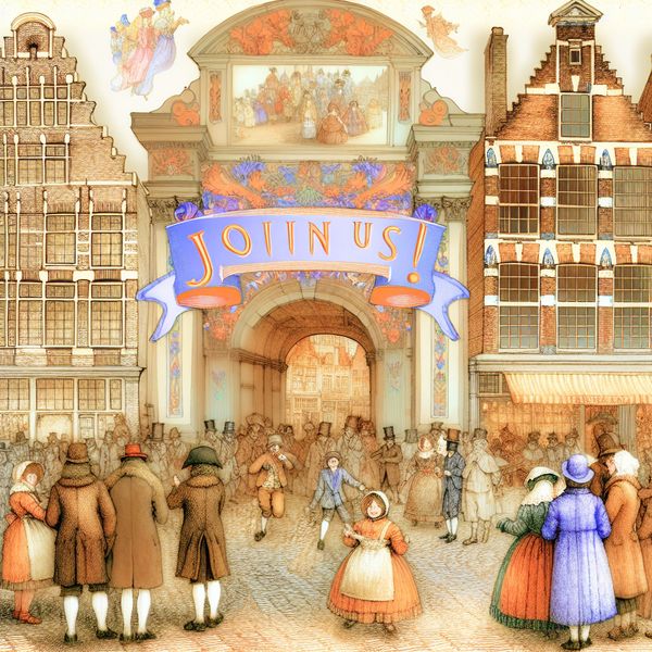 Drukke vintage dorpsplein met mensen in 19e-eeuwse kleding die spellen spelen en praten.