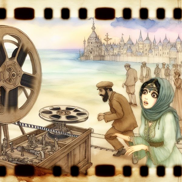 Vintage filmset met draaiende filmspoel Een illustratie van een vintage filmset met een draaiende filmspoel en een bezorgde crewlid die de snelheid aanpast.
