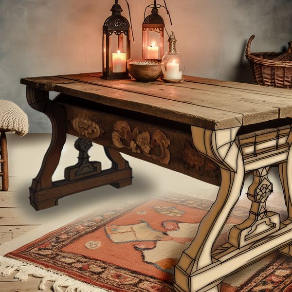 Vintage houten tafel met opvallende ondersteuning in Anton Pieck stijl Een prachtig houten tafel met intrigerende details en een vaste ondersteuning, in een gezellige, vintage stijl van Anton Pieck, geplaatst in een nostalgische kamer.