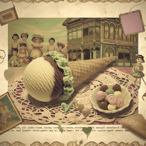 Vintage IJsparlor met Vanille-ijs en Chocoladesaus Een charmante vintage ijssalon met een romige vanille-ijsbol in een waffle-cone, overgoten met chocoladesaus en omringd door pastelbloesems en een kantendecoratie.