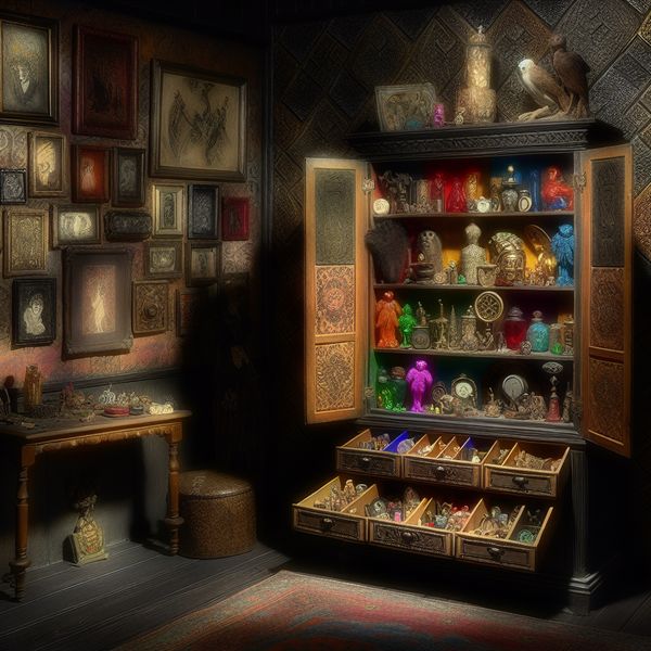 Een vintage kabinet gevuld met kleurrijke souvenirs en decoratieve items, met een open deur die unieke schatten onthult.