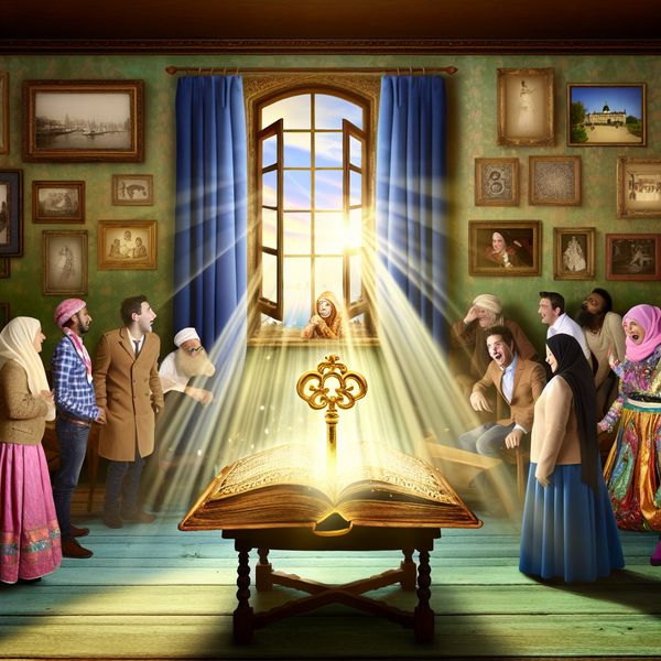 Nostalgische vintage kamer met een boek dat duidelijkheid symboliseert Groep mensen in een vintage kamer die een boek met een gouden sleutel erop bestuderen, met een grote raam op een zonnige dag.