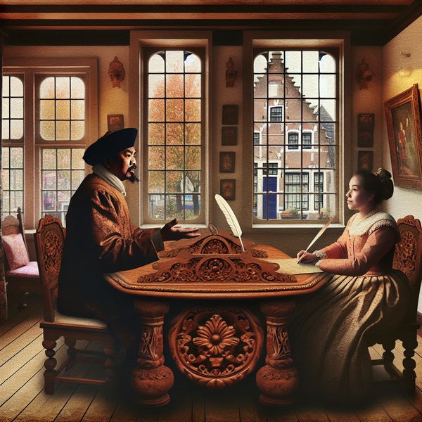 Vintage kantoor met contractbespreking Authentiek vintage kantoor met een man en vrouw die een contract bespreken.