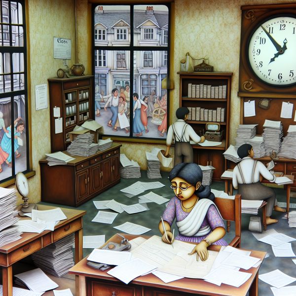 Vintage Kantoor Scene met Vermoeide Werknemer Een vermoeide werknemer zit aan een rommelig bureau in een vintage kantooromgeving, omringd door papieren