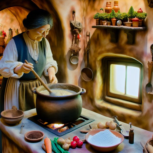 Vintage keuken met vrolijke kok die saus dikker maakt Een vrolijke kok in een vintage keuken maakt een saus dikker op het fornuis, omringd door kleurrijke ingrediënten.