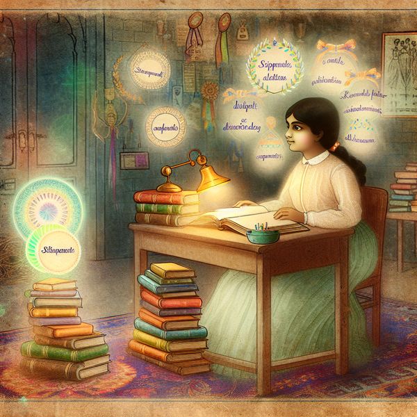 Vintage Klaslokaal Illustratie voor Taalstudie Een nostalgische illustratie van een vintage klaslokaal met een studerende leerling omringd door boeken en kleurrijke diagrammen, die gefocust studeert.
