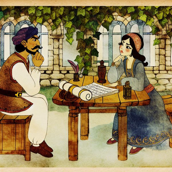 Vintage onderhandeling in sprookjesachtige setting Een vintage onderhandeling tussen twee personages in een sprookjesachtige tuin, één is diep in gedachten terwijl de ander aandachtig luistert.