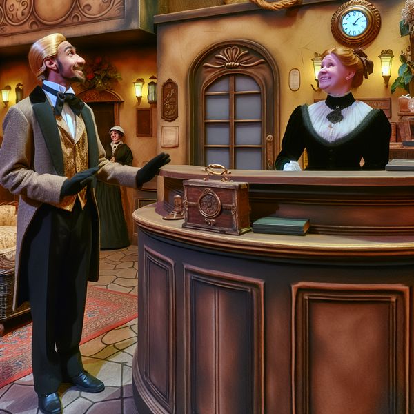 Een nostalgisch onthaal met een man in oude kledij die wacht op toegang, terwijl een glimlachende receptionist uitnodigend gebaart.
