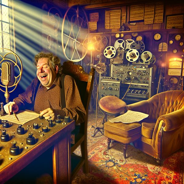 Vintage Opnamestudio met Gelukkige Man Man in vintage recording studio adjusting microphone and tape recorder in warm, nostalgic atmosphere