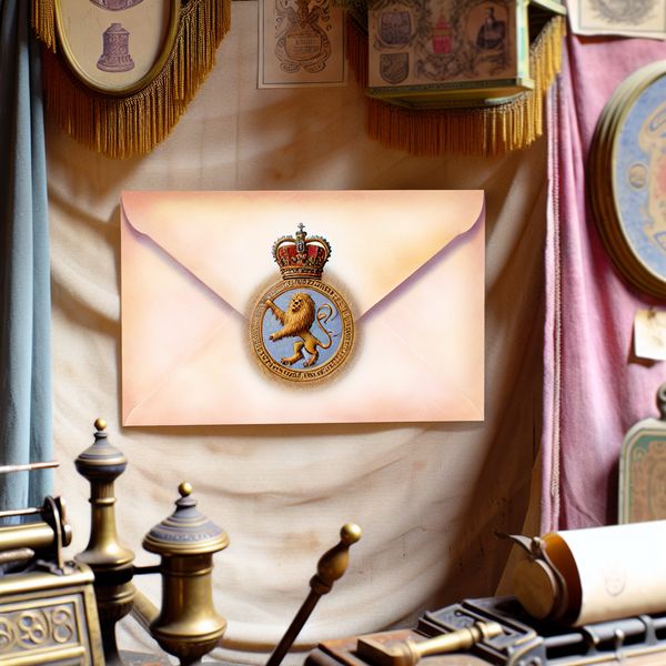 Vintage Postkantoor met Koninklijk Embleem Een nostalgische scène in een vintage postkantoor met een eleganten enveloppe en een koninklijk embleem van een leeuw en kroon.