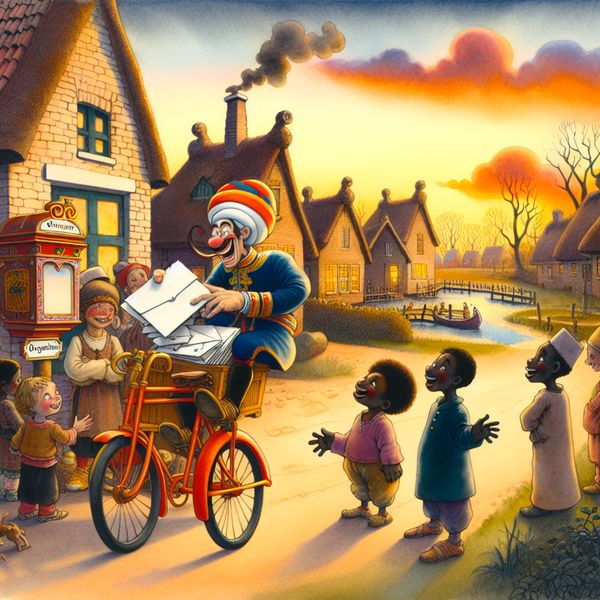 Een vrolijke postbode die brieven uit een kleurrijke ouderwetse fiets haalt in een sprookjesachtig dorp.