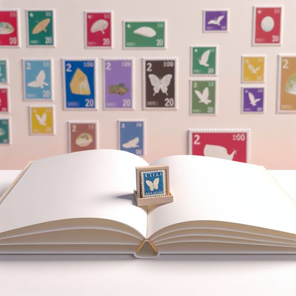 Vintage Postzegel in Een Verzameling Minimalistische illustratie van een vintage postzegel in een open boek met kleurrijke postzegels eromheen.