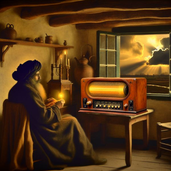 Oude man luistert aandachtig naar een vintage radio in een knus Nederlands interieur met warme houten balken en kaarslicht