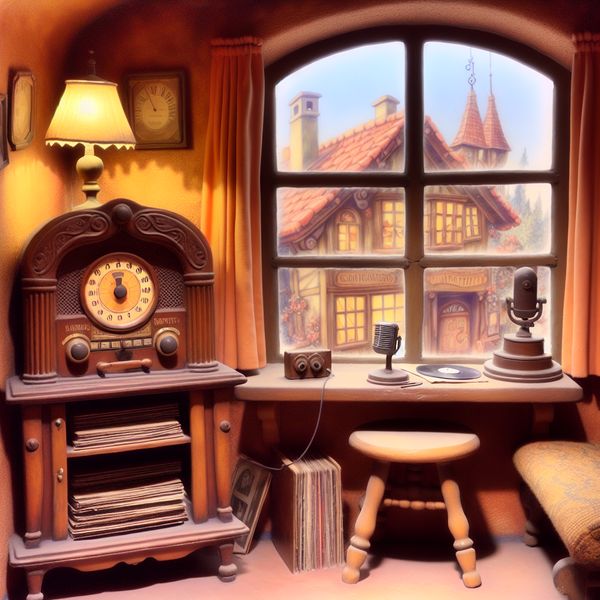 Vintage Radio Station in Gezellige Kamer Een oude radio in een romantisch ingerichte ruimte met retro apparatuur, met zicht op een pittoresk dorpje.