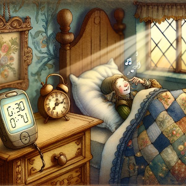 Sfeervolle vintage slaapkamer bij zonsopgang met een smartphonewekker die afgaat naast een opwindwekkertje, met een slaperig persoon die de wekker uitschakelt