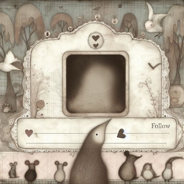 Vintage Sociale Media Interface: Een Betoverende Beleving Een vintage-stijl sociale media interface met een grote profielkaart en illustraties van een muis, konijn en uil die verschillende emoties uitdrukken.