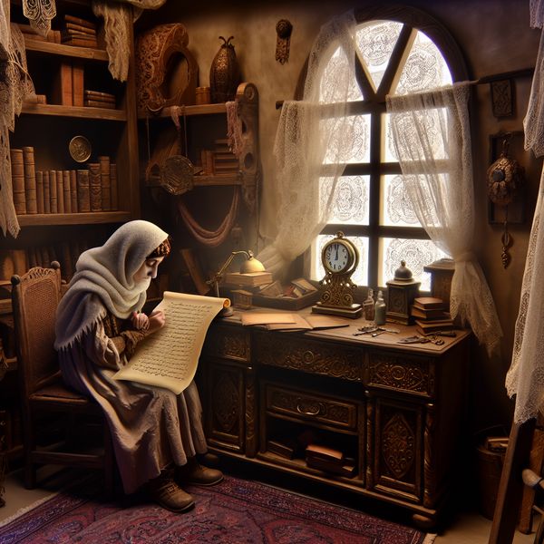 Een jongere zit aan een houten bureau in een gezellige studeerkamer, verdiept in een geschiedkundevragenlijst. Achtergrond met oude boeken en een vintage klok.