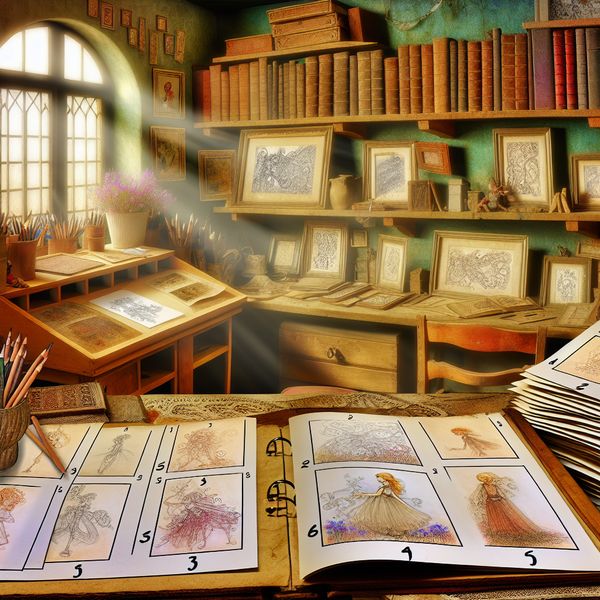 Vintage Studiekamer met Genummerde Kunstwerken Een gezellige vintage studeerkamer met kunstbenodigdheden en tekeningen, inclusief een open schetsboek met genummerde illustraties van 1 tot 10.